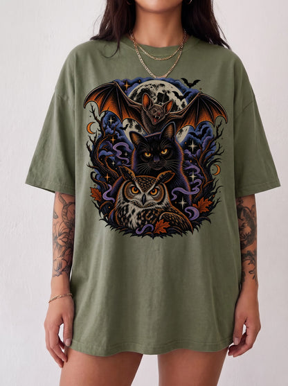 Vampire Bat Black Cat Owl Moon Halloween T-Shirt, Three Wolf Moon Parody, Y2K Retro Gothic Outfit, Trendy Streetwear Graphic Tee