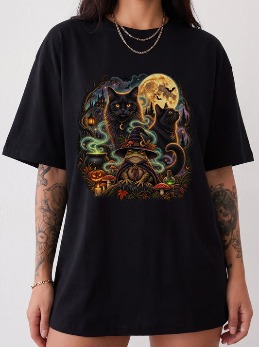 Mystical Halloween Toad Familiar T-Shirt, Y2K Witchy Graphic Tee, 90s Retro Gothic Aesthetic, To The Moon