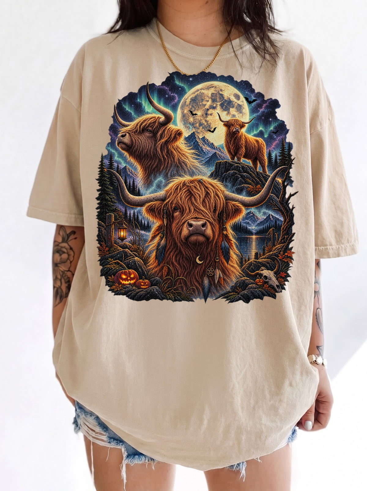 Mystical Highland Cattle Moon Halloween T-Shirt, Y2K Retro Animal Graphic Tee, 90s Gothic Streetwear, To The Moon