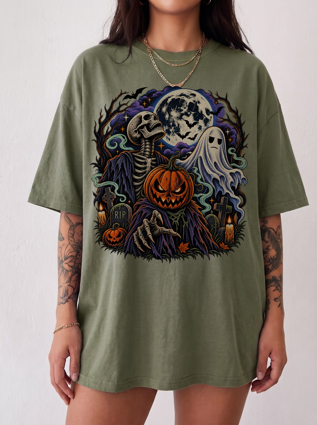 Skeleton Pumpkin Head Ghost Moon Halloween T-Shirt, Three Wolf Moon Parody, Y2K Retro Horror Outfit, Trendy Streetwear Graphic Tee