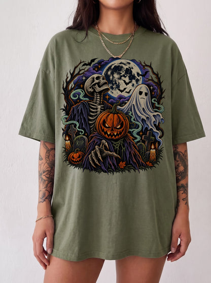 Skeleton Pumpkin Head Ghost Moon Halloween T-Shirt, Three Wolf Moon Parody, Y2K Retro Horror Outfit, Trendy Streetwear Graphic Tee