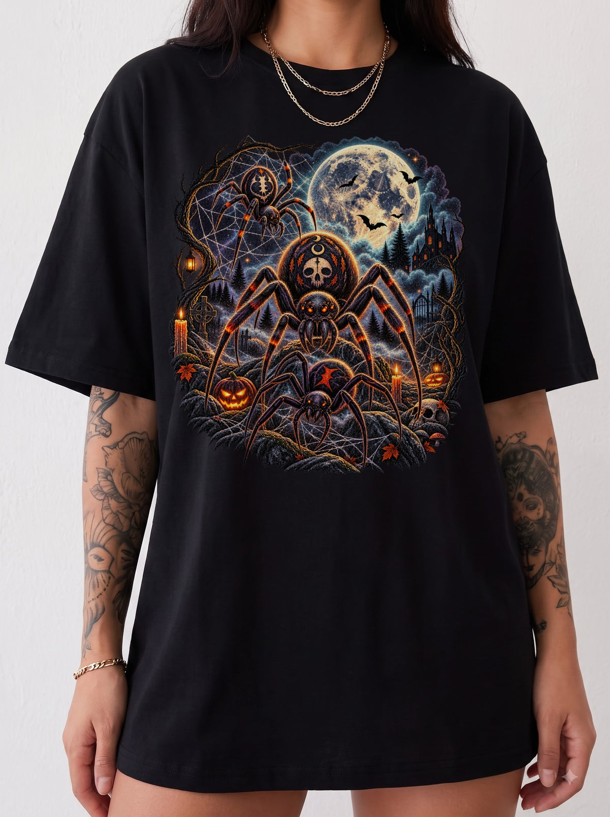 Moonlit Spider Graveyard Halloween T-Shirt, Y2K Gothic Horror Graphic Tee, 90s Retro Streetwear, To The Moon