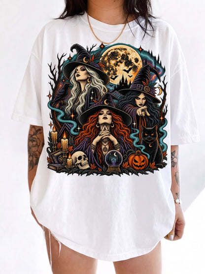 Three Witches Under the Moon Halloween T-Shirt, Three Wolf Moon Parody, Y2K Retro Witchy Outfit, Trendy Streetwear Graphic Tee