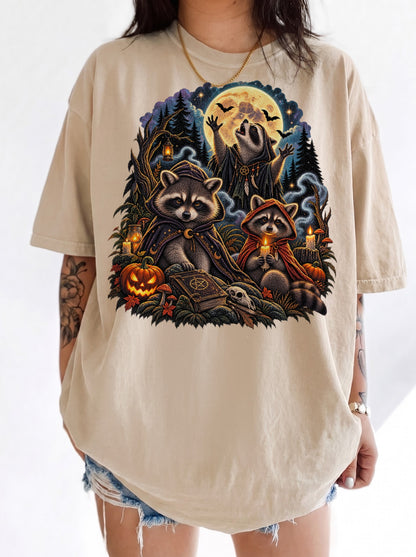 Moonlit Raccoon Ritual Halloween T-Shirt, Y2K Retro Graphic Tee, 90s Gothic Streetwear, To The Moon
