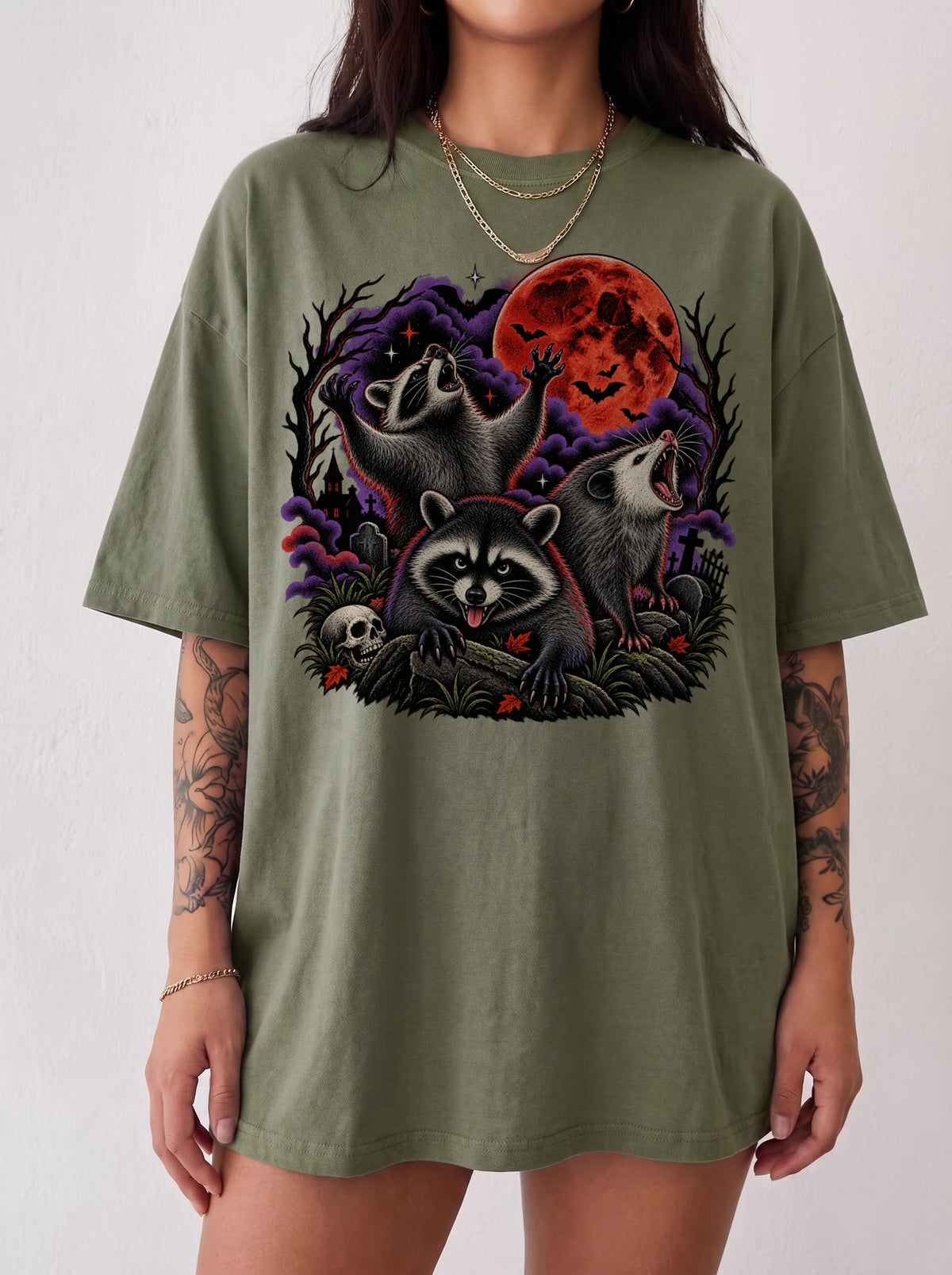 Three Raccoons Blood Moon Halloween T-Shirt, Three Wolf Moon Parody, Y2K Retro Outfit Aesthetic, Trendy Streetwear Graphic Tee