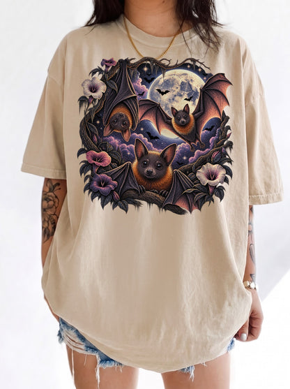 Moonlit Bats Twisted Blooms Halloween T-Shirt, Y2K Gothic Graphic Tee, 90s Retro Streetwear, To The Moon