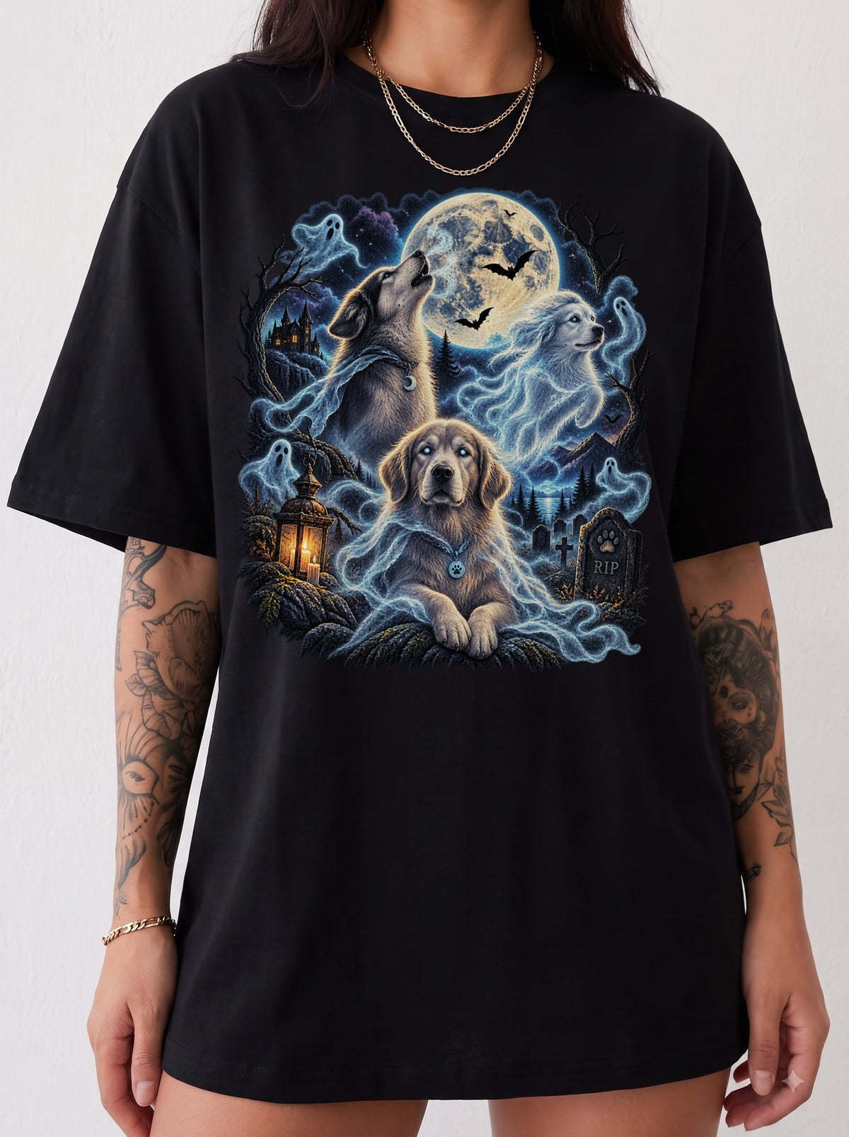 Three Ghost Dogs Haunted Moon Halloween T-Shirt, Y2K Retro Graphic Tee, 90s Spooky Streetwear, To The Moon