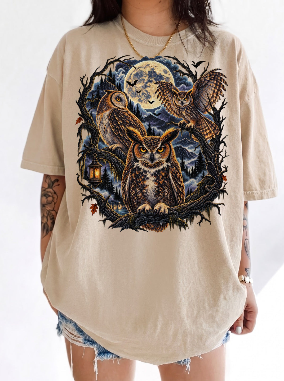 Gothic Moonlit Owl Trio Halloween T-Shirt, Y2K Witchy Graphic Tee, 90s Retro Gothic Streetwear, To The Moon