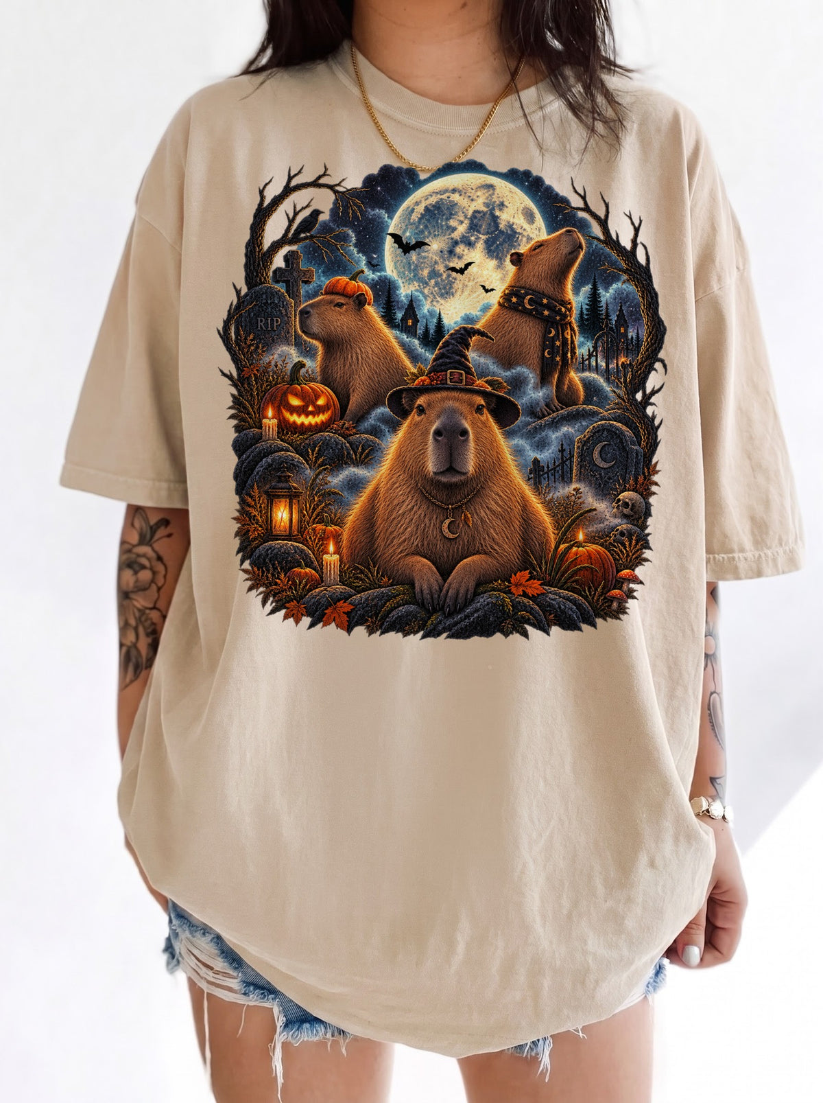 Moonlit Capybara Graveyard Halloween T-Shirt, Y2K Retro Animal Graphic Tee, 90s Spooky Streetwear, To The Moon