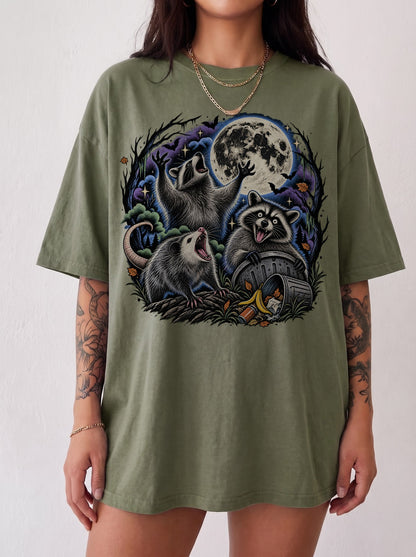 Raccoons Under the Moon Retro Halloween T-Shirt, Three Wolf Moon Parody, Y2K Vintage Outfit Aesthetic, Trendy Streetwear Graphic Tee
