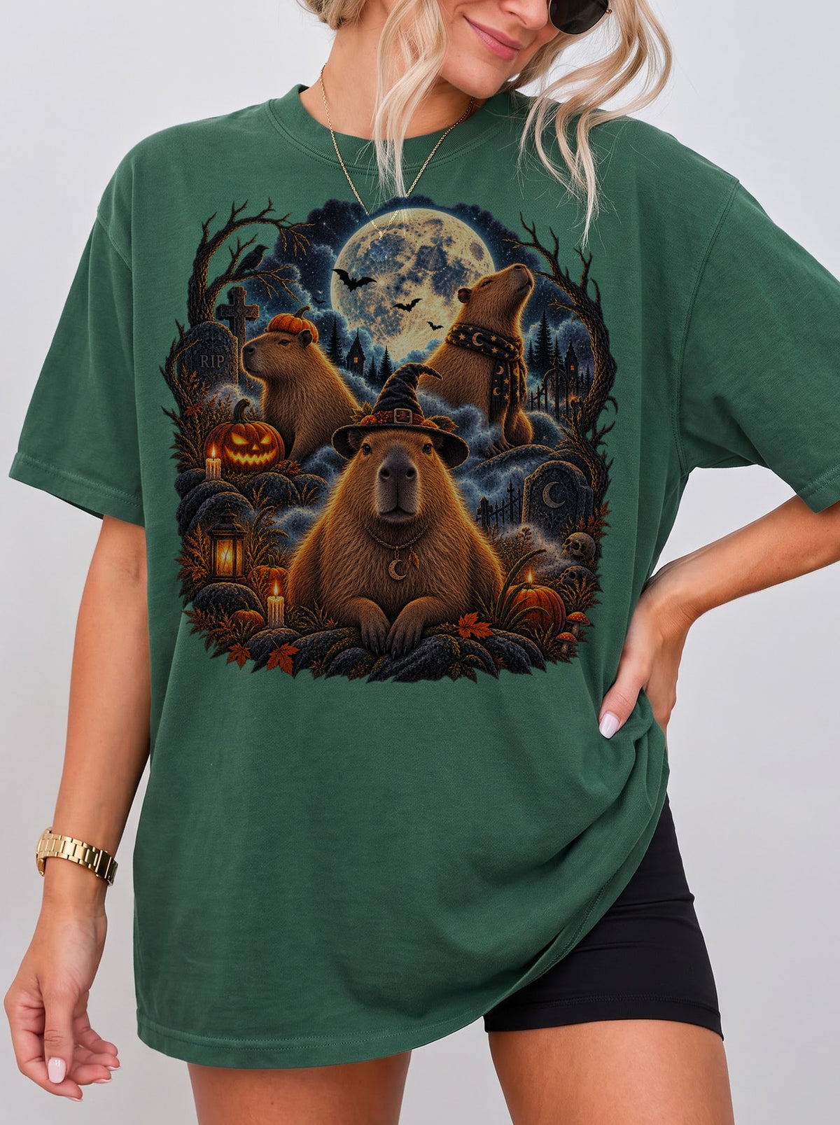 Moonlit Capybara Graveyard Halloween T-Shirt, Y2K Retro Animal Graphic Tee, 90s Spooky Streetwear, To The Moon