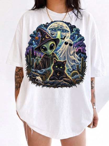 Cosmic Halloween Nightscape T-Shirt, Y2K Retro Graphic Tee, 90s Spooky Aesthetic, To The Moon