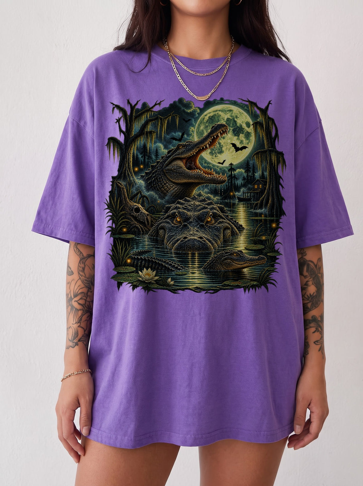 Moonlit Alligator Swamp Horror Halloween T-Shirt, Y2K Retro Graphic Tee, 90s Horror Streetwear, To The Moon