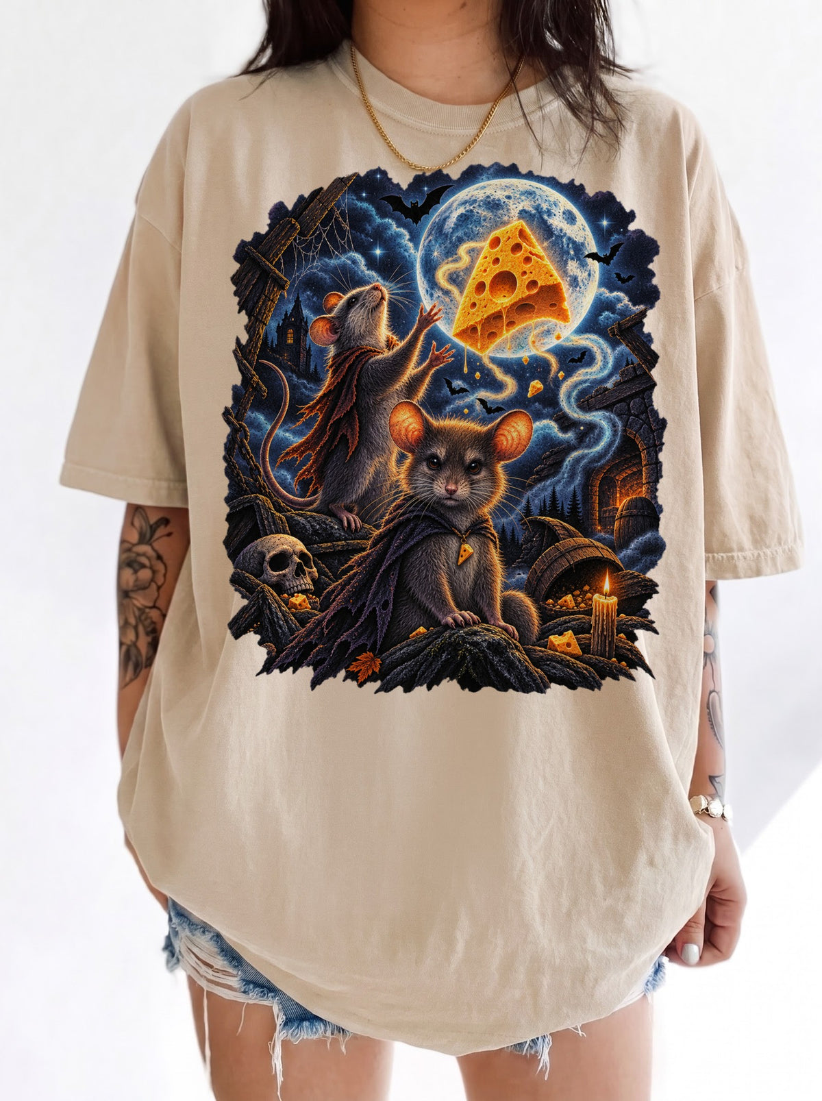 Moonlit Mice Haunted Cheese Halloween T-Shirt, Y2K Retro Funny Graphic Tee, 90s Animal Streetwear, To The Moon
