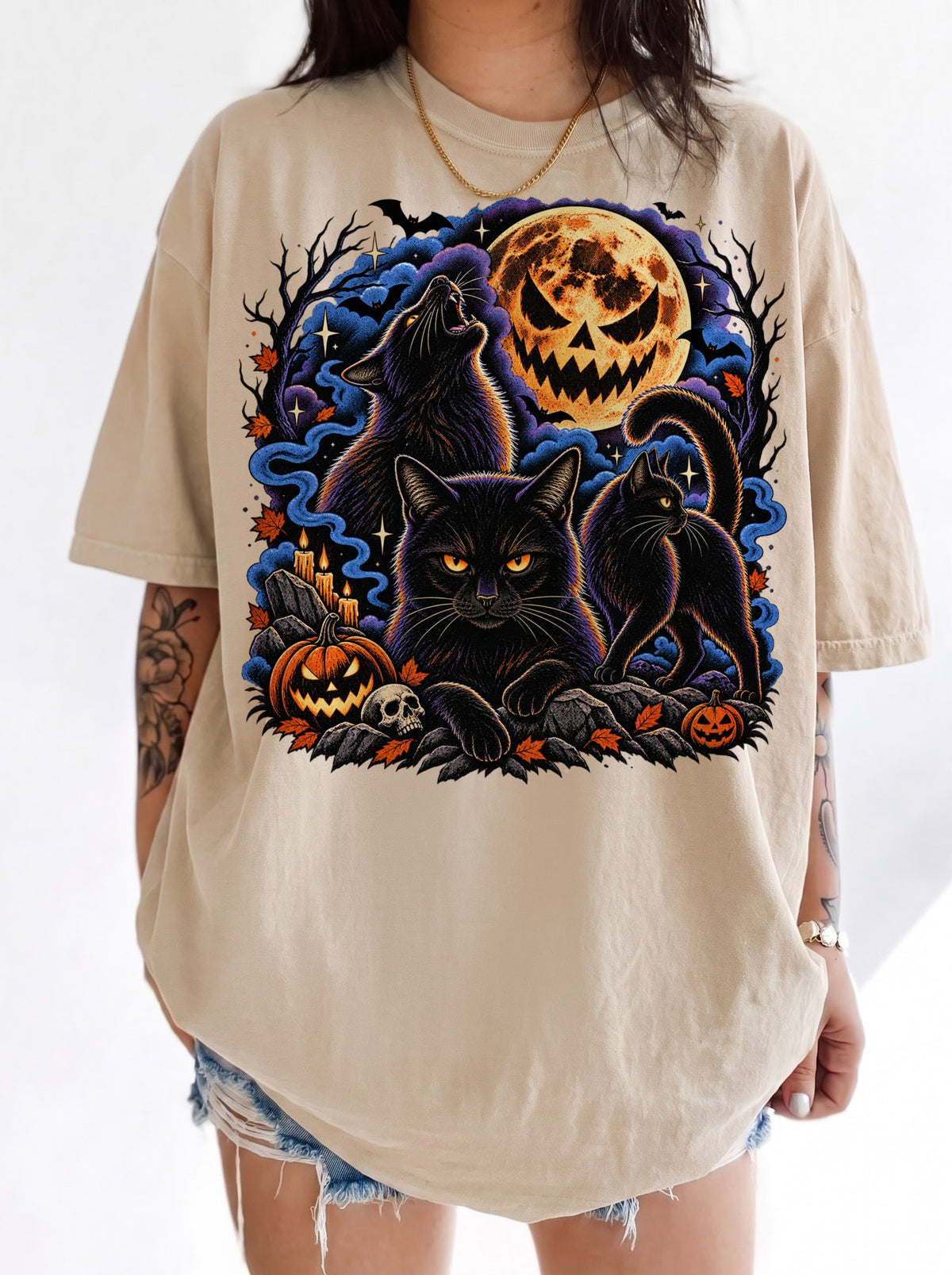 Black Cats Full Moon Halloween T-Shirt, Three Wolf Moon Parody, Y2K Retro Outfit Aesthetic, Trendy Streetwear Graphic Tee