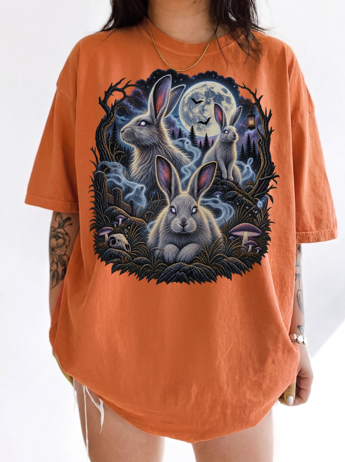 Moonlit Spectral Rabbit Forest Halloween T-Shirt, Y2K Gothic Graphic Tee, 90s Retro Spooky Aesthetic, To The Moon