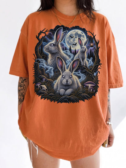 Moonlit Spectral Rabbit Forest Halloween T-Shirt, Y2K Gothic Graphic Tee, 90s Retro Spooky Aesthetic, To The Moon