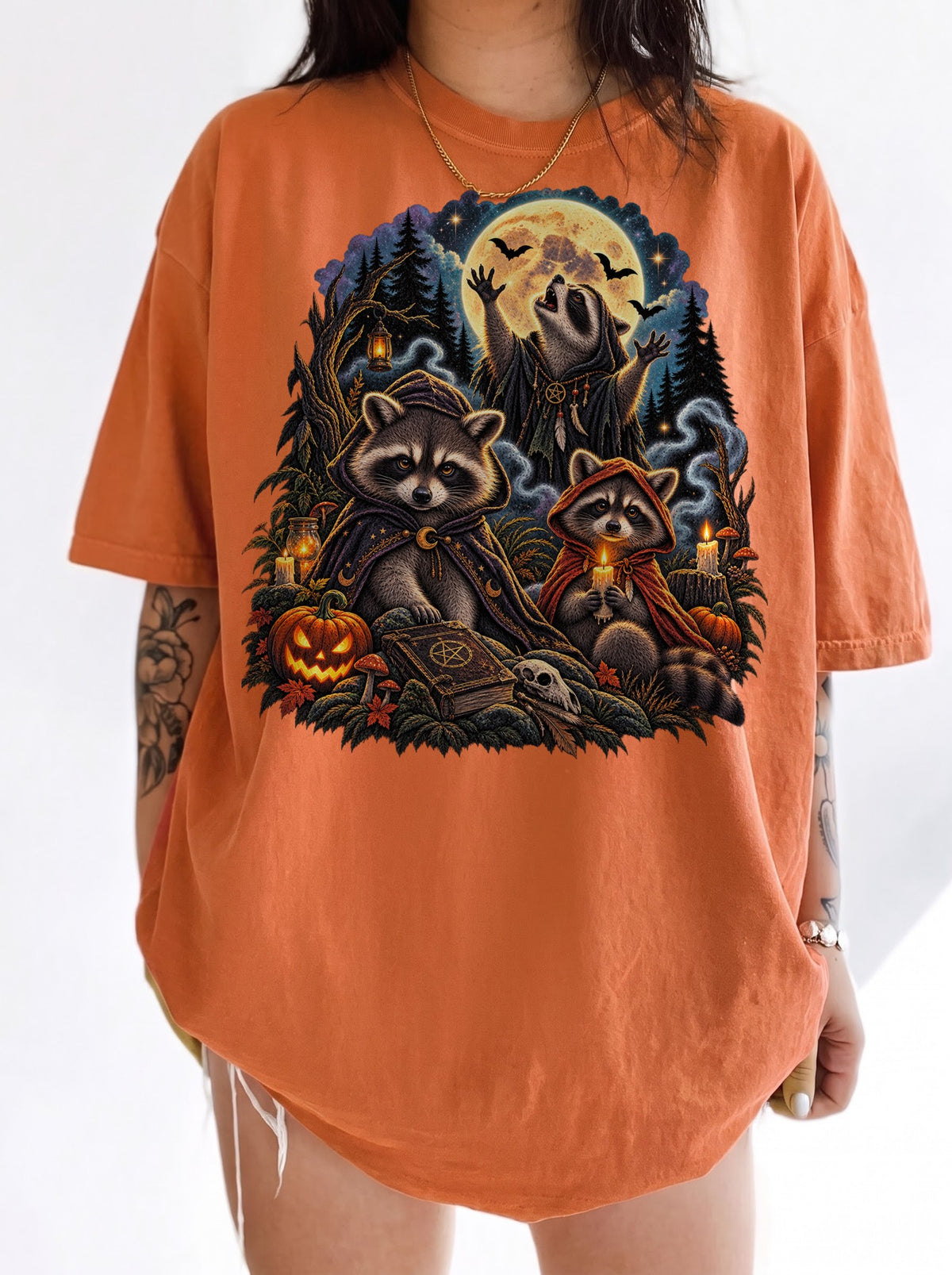 Moonlit Raccoon Ritual Halloween T-Shirt, Y2K Retro Graphic Tee, 90s Gothic Streetwear, To The Moon