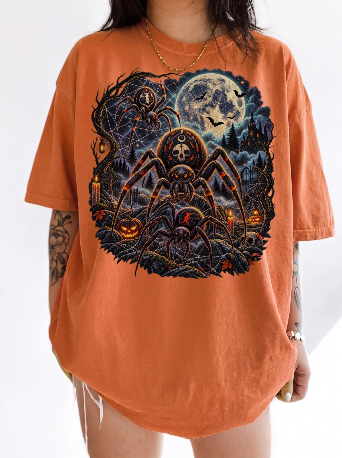 Moonlit Spider Graveyard Halloween T-Shirt, Y2K Gothic Horror Graphic Tee, 90s Retro Streetwear, To The Moon