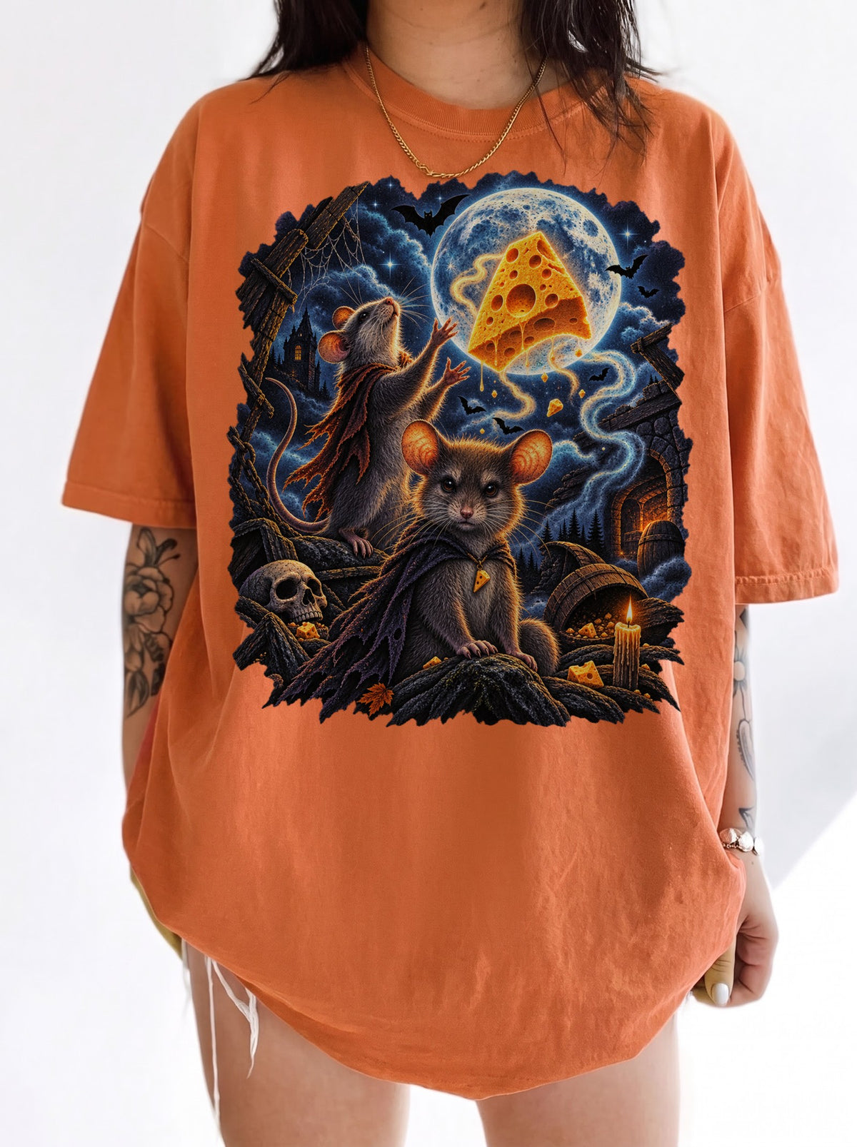 Moonlit Mice Haunted Cheese Halloween T-Shirt, Y2K Retro Funny Graphic Tee, 90s Animal Streetwear, To The Moon