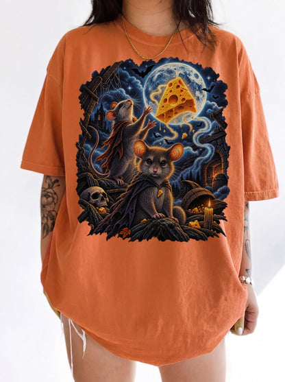 Moonlit Mice Haunted Cheese Halloween T-Shirt, Y2K Retro Funny Graphic Tee, 90s Animal Streetwear, To The Moon