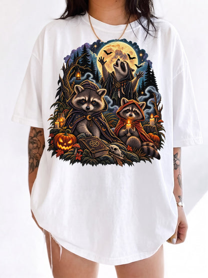 Moonlit Raccoon Ritual Halloween T-Shirt, Y2K Retro Graphic Tee, 90s Gothic Streetwear, To The Moon