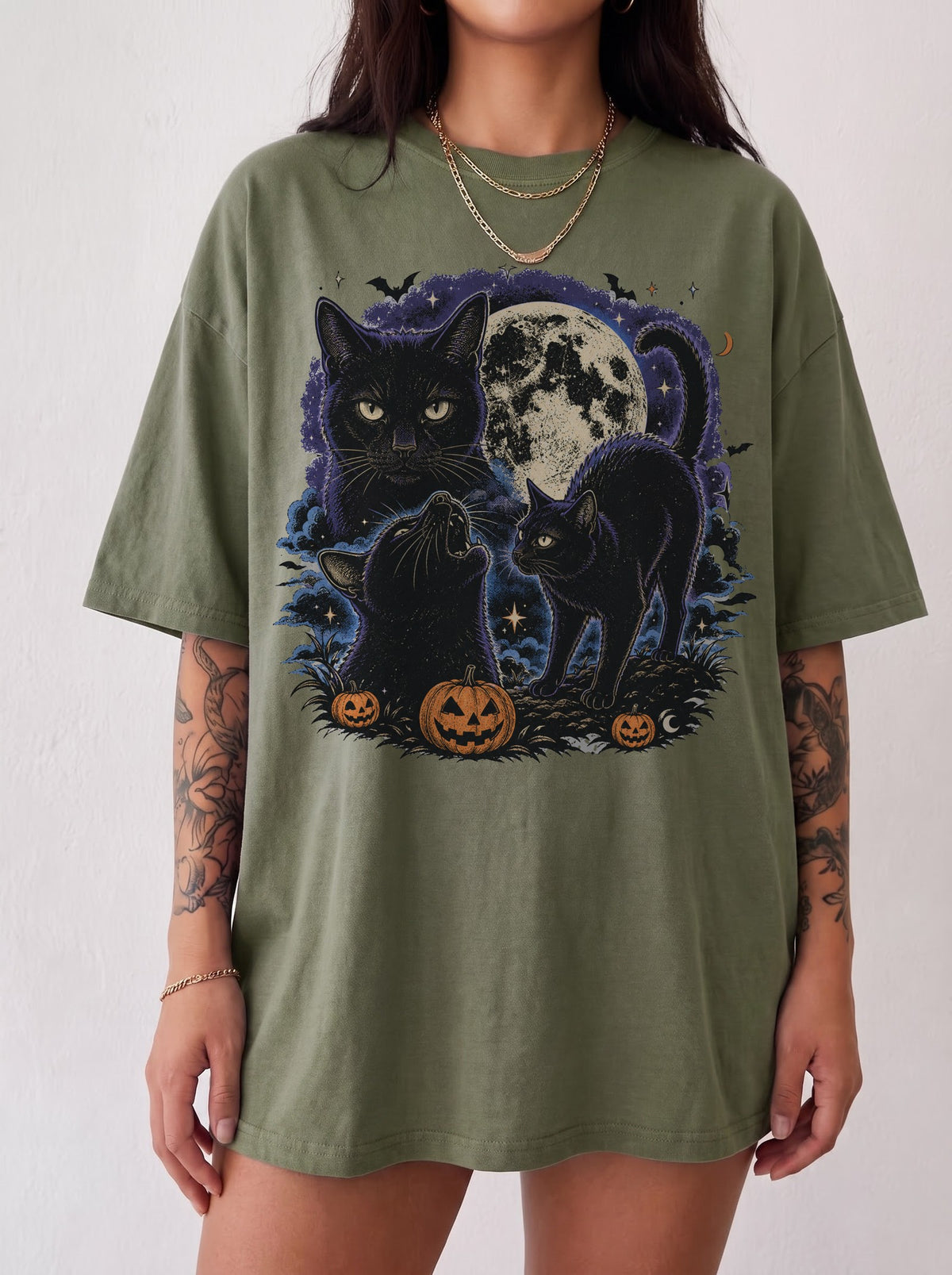 3 Black Cats Jack-o’-Lantern Moon Halloween T-Shirt, Three Wolf Moon Parody, Y2K Retro Outfit, Trendy Streetwear Graphic Tee