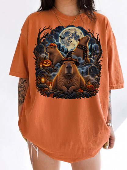 Moonlit Capybara Graveyard Halloween T-Shirt, Y2K Retro Animal Graphic Tee, 90s Spooky Streetwear, To The Moon
