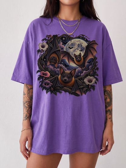 Moonlit Bats Twisted Blooms Halloween T-Shirt, Y2K Gothic Graphic Tee, 90s Retro Streetwear, To The Moon