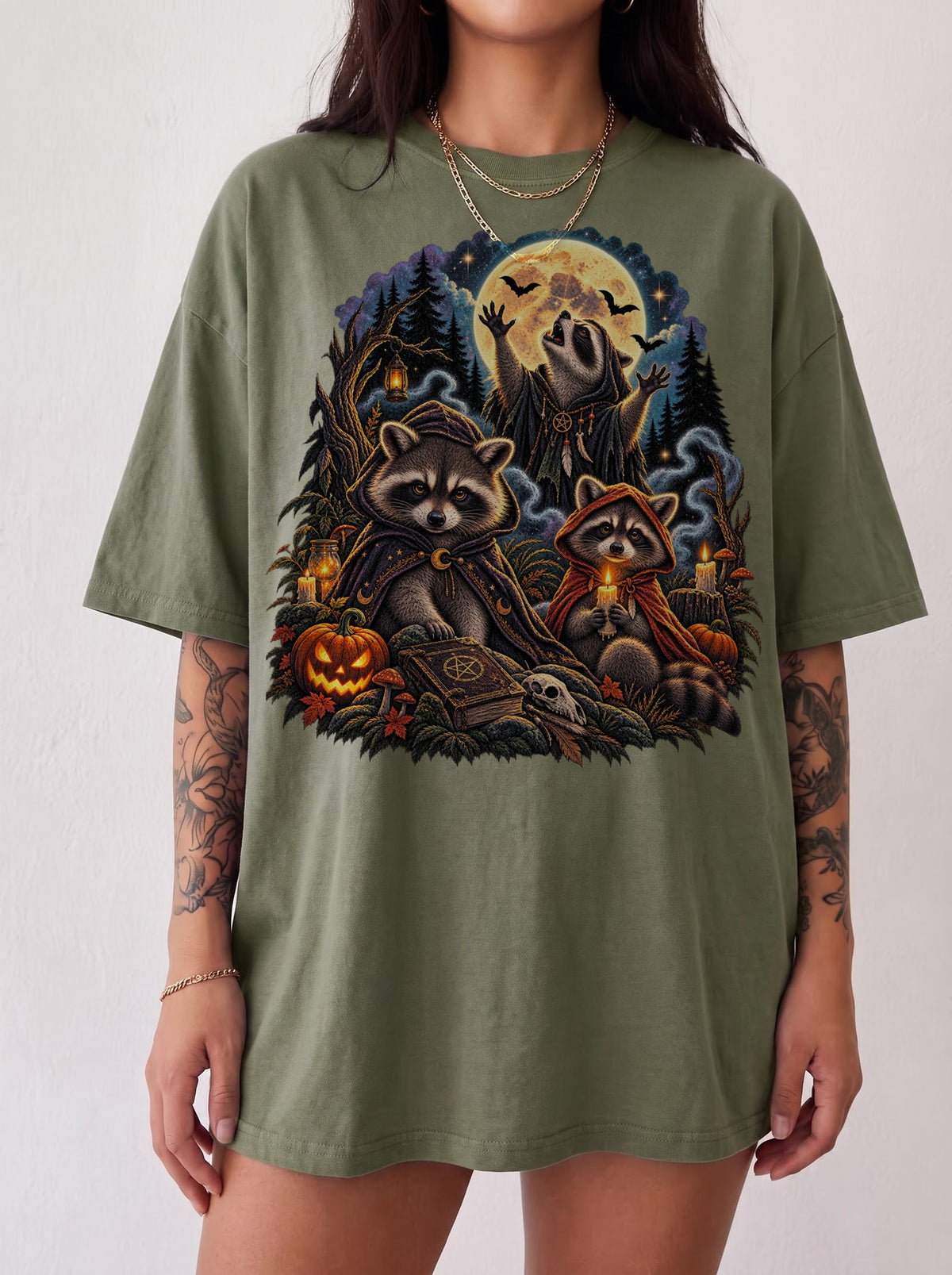 Moonlit Raccoon Ritual Halloween T-Shirt, Y2K Retro Graphic Tee, 90s Gothic Streetwear, To The Moon