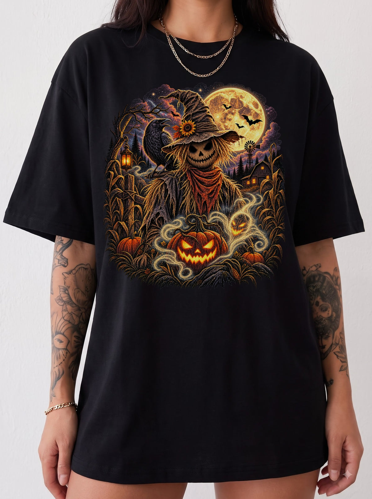 Moonlit Scarecrow Haunted Halloween T-Shirt, Y2K Retro Horror Graphic Tee, 90s Gothic Streetwear, To The Moon