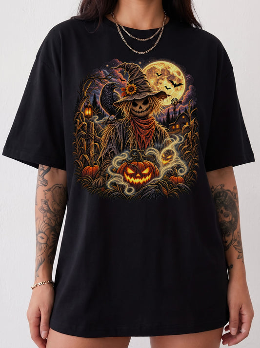 Moonlit Scarecrow Haunted Halloween T-Shirt, Y2K Retro Horror Graphic Tee, 90s Gothic Streetwear, To The Moon