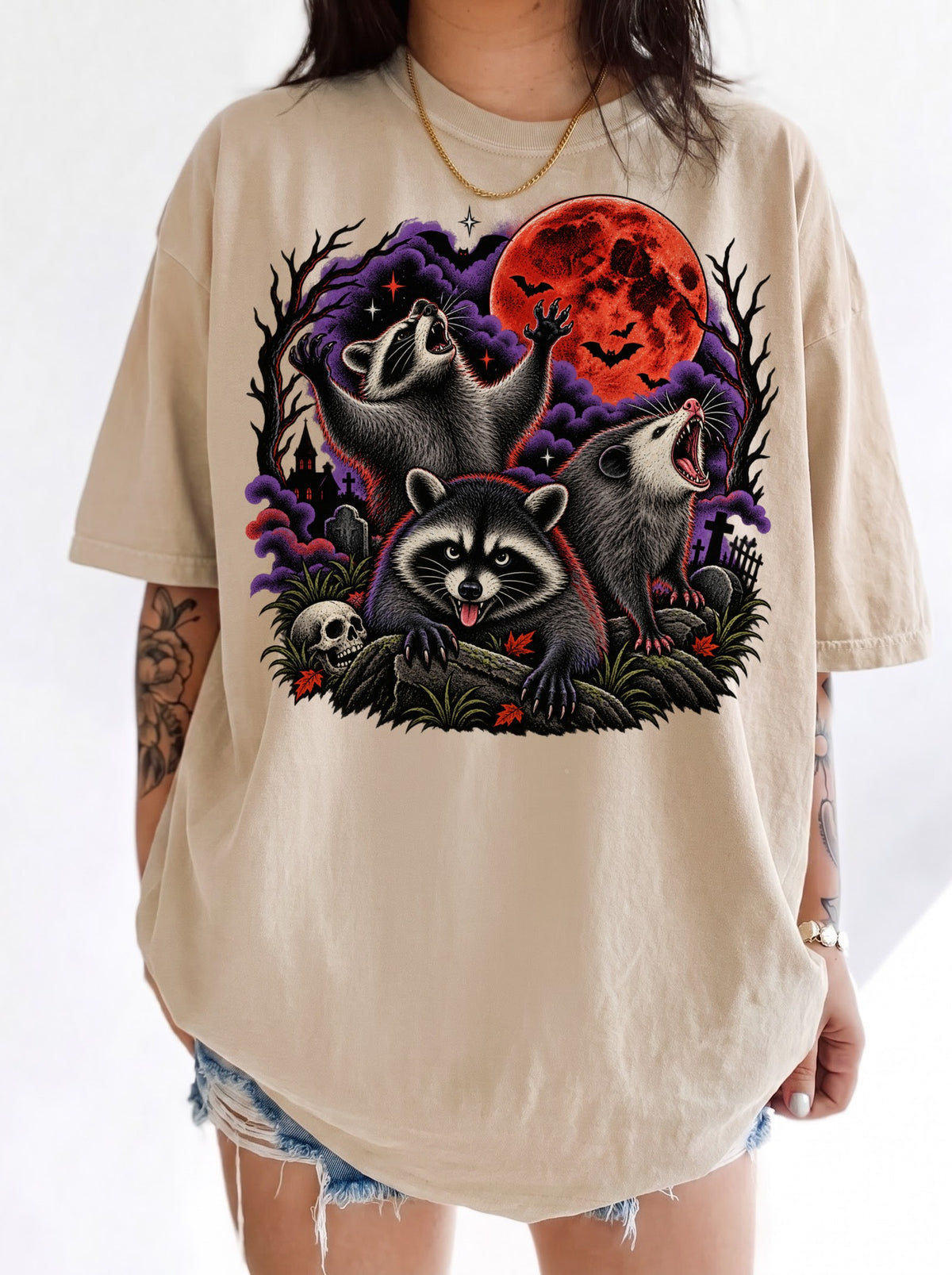 Three Raccoons Blood Moon Halloween T-Shirt, Three Wolf Moon Parody, Y2K Retro Outfit Aesthetic, Trendy Streetwear Graphic Tee