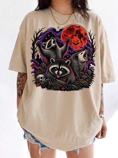 Three Raccoons Blood Moon Halloween T-Shirt, Three Wolf Moon Parody, Y2K Retro Outfit Aesthetic, Trendy Streetwear Graphic Tee