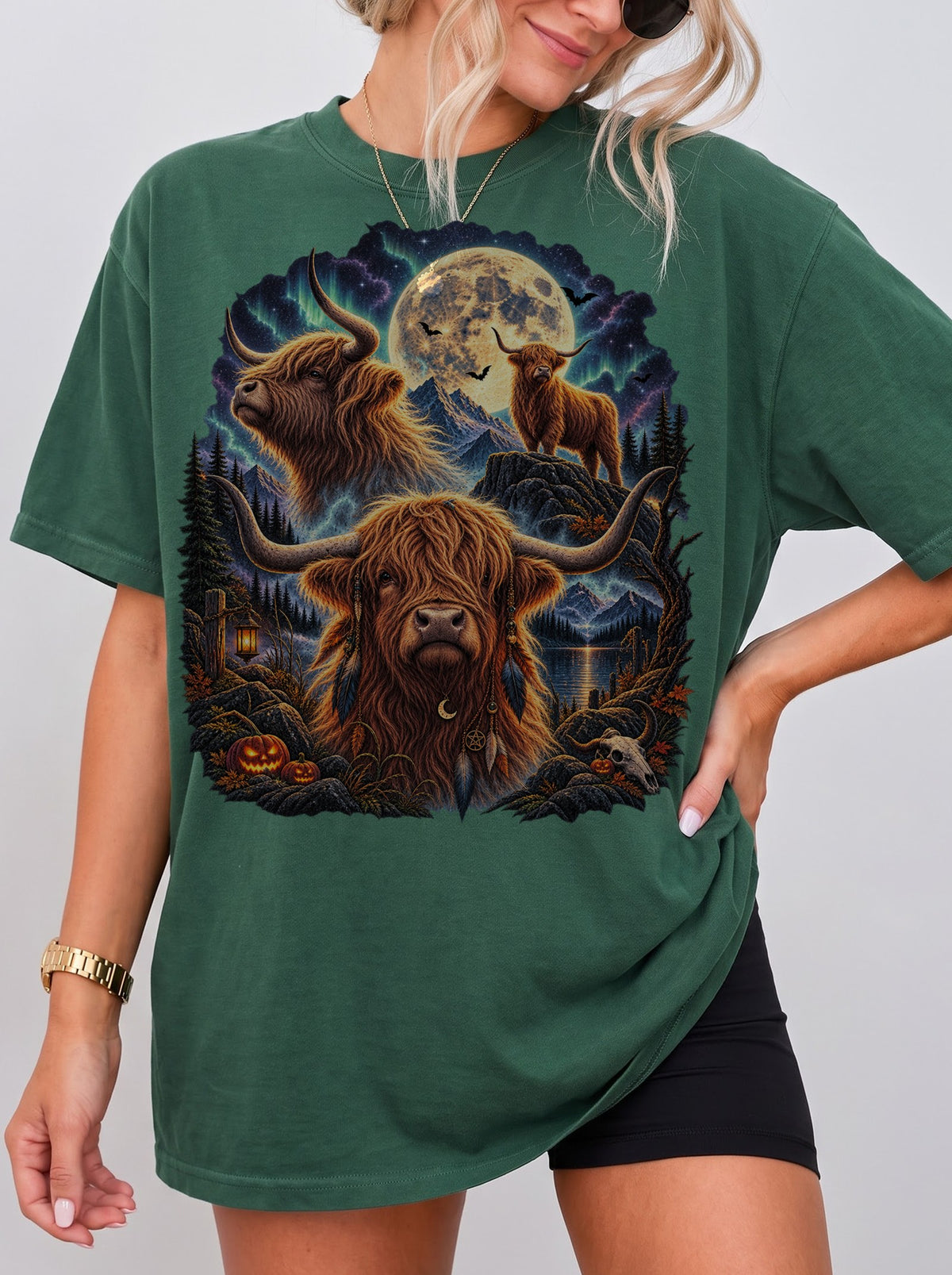 Mystical Highland Cattle Moon Halloween T-Shirt, Y2K Retro Animal Graphic Tee, 90s Gothic Streetwear, To The Moon