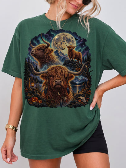 Mystical Highland Cattle Moon Halloween T-Shirt, Y2K Retro Animal Graphic Tee, 90s Gothic Streetwear, To The Moon