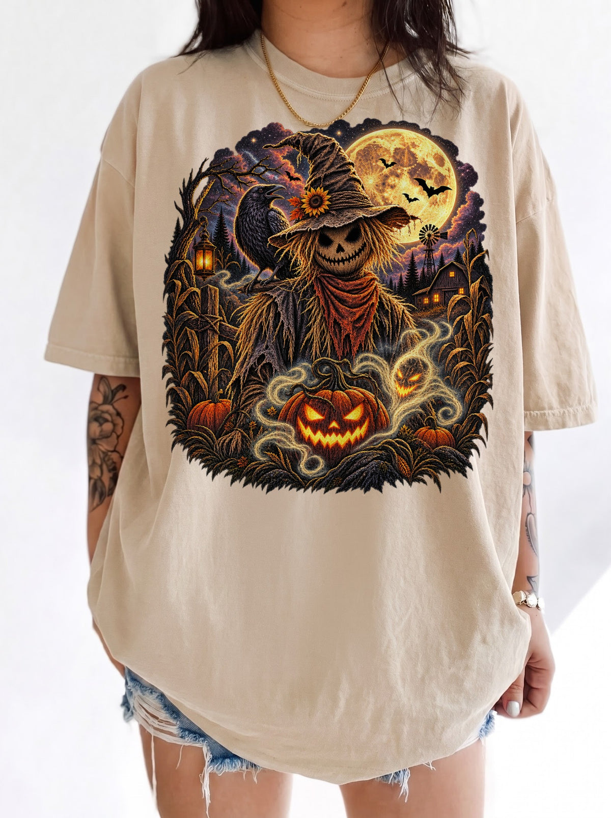 Moonlit Scarecrow Haunted Halloween T-Shirt, Y2K Retro Horror Graphic Tee, 90s Gothic Streetwear, To The Moon