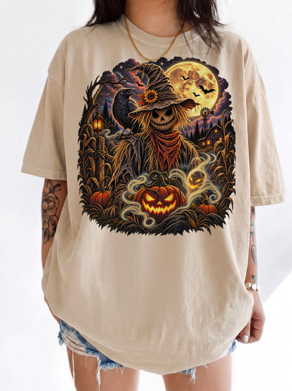 Moonlit Scarecrow Haunted Halloween T-Shirt, Y2K Retro Horror Graphic Tee, 90s Gothic Streetwear, To The Moon