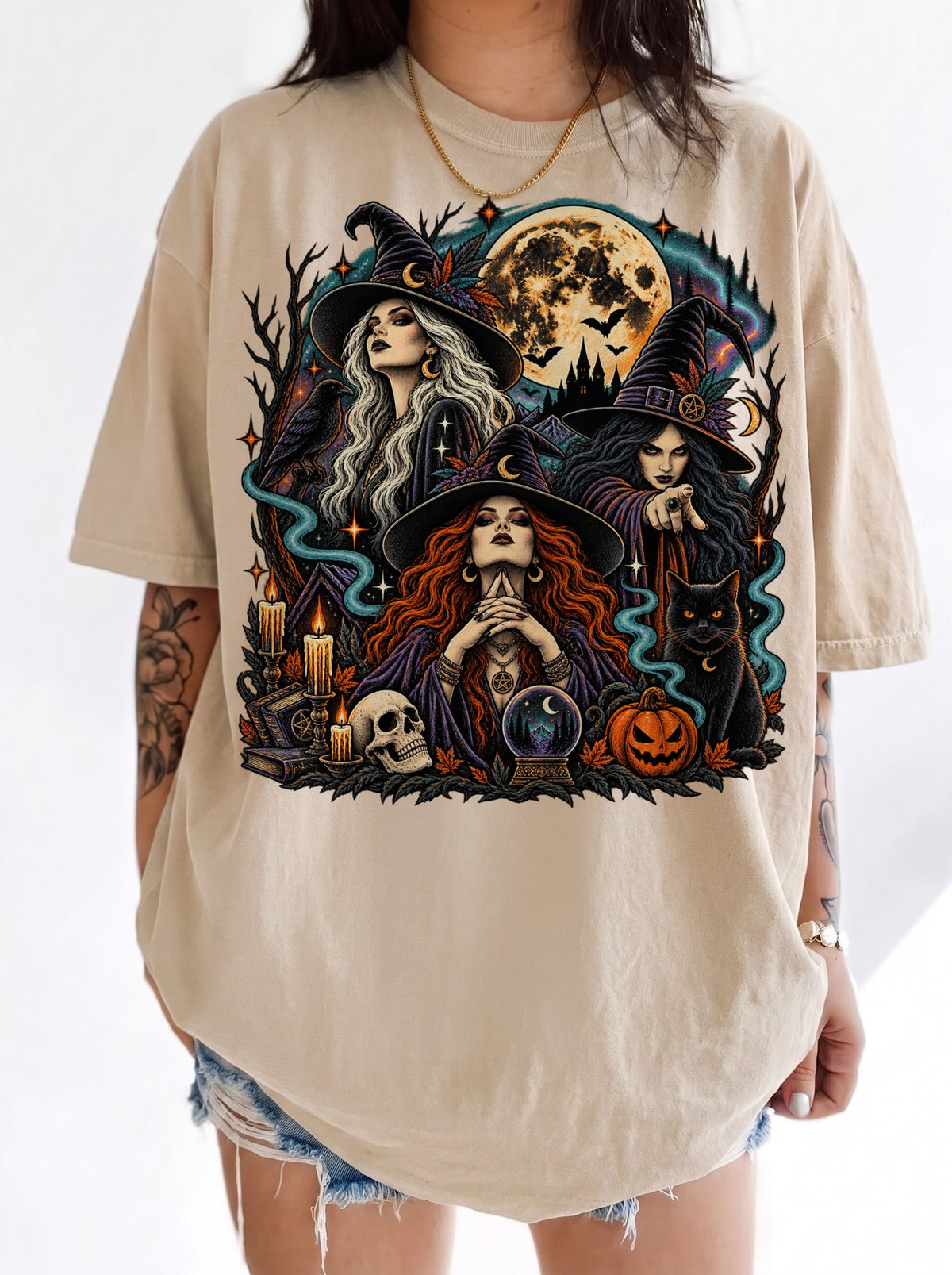 Three Witches Under the Moon Halloween T-Shirt, Three Wolf Moon Parody, Y2K Retro Witchy Outfit, Trendy Streetwear Graphic Tee