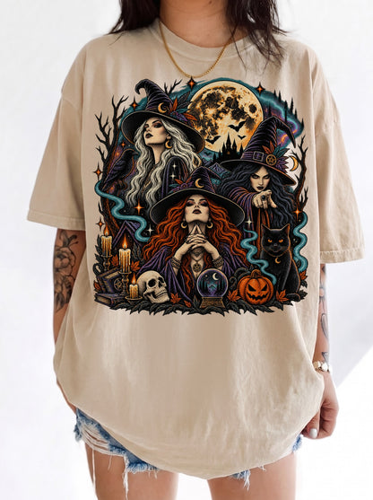 Three Witches Under the Moon Halloween T-Shirt, Three Wolf Moon Parody, Y2K Retro Witchy Outfit, Trendy Streetwear Graphic Tee