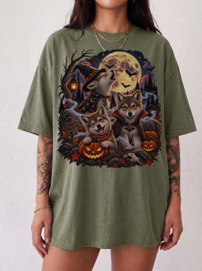 Moonlit Halloween Wolf Pup Trio T-Shirt, Y2K Retro Animal Graphic Tee, 90s Spooky Streetwear, To The Moon