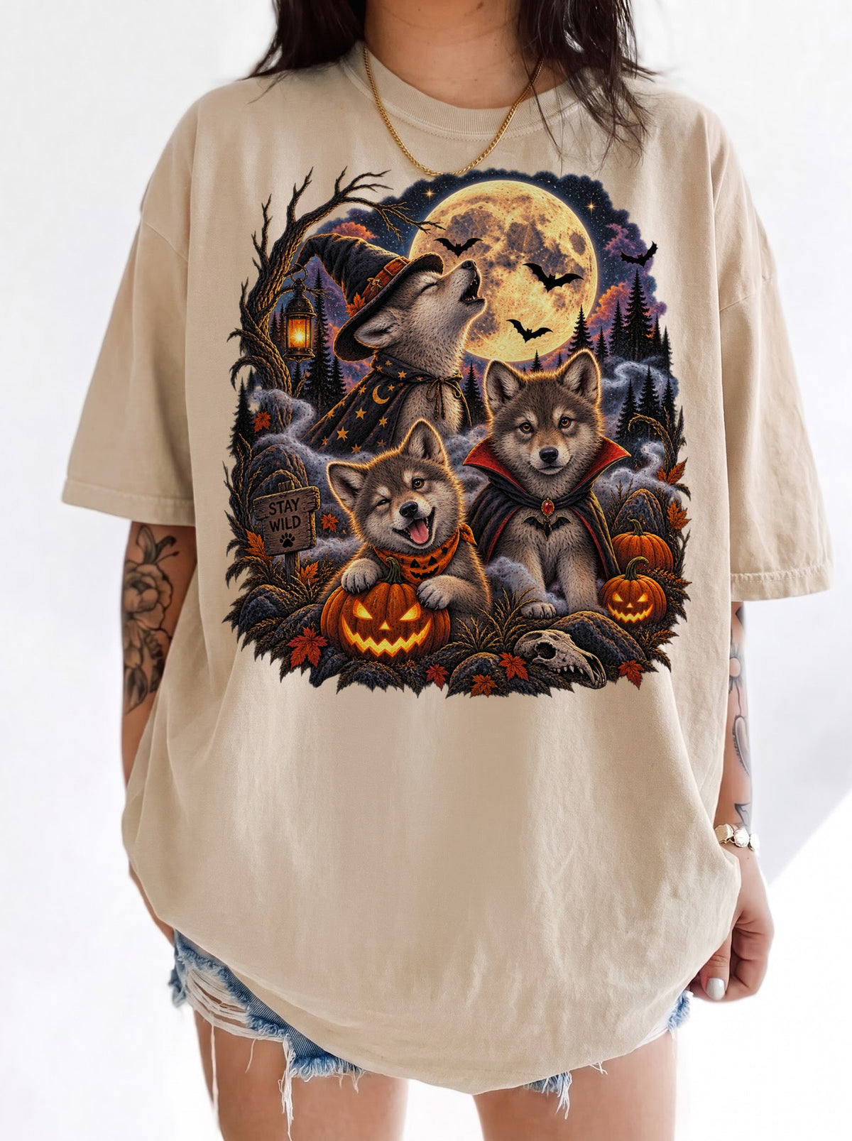 Moonlit Halloween Wolf Pup Trio T-Shirt, Y2K Retro Animal Graphic Tee, 90s Spooky Streetwear, To The Moon