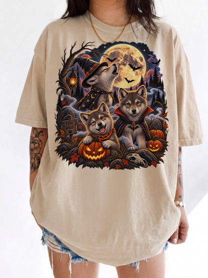 Moonlit Halloween Wolf Pup Trio T-Shirt, Y2K Retro Animal Graphic Tee, 90s Spooky Streetwear, To The Moon