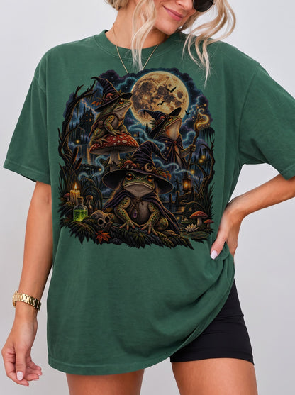 Enchanted Swamp Frog Coven Halloween T-Shirt, Y2K Witchy Graphic Tee, 90s Retro Spooky Streetwear, To The Moon