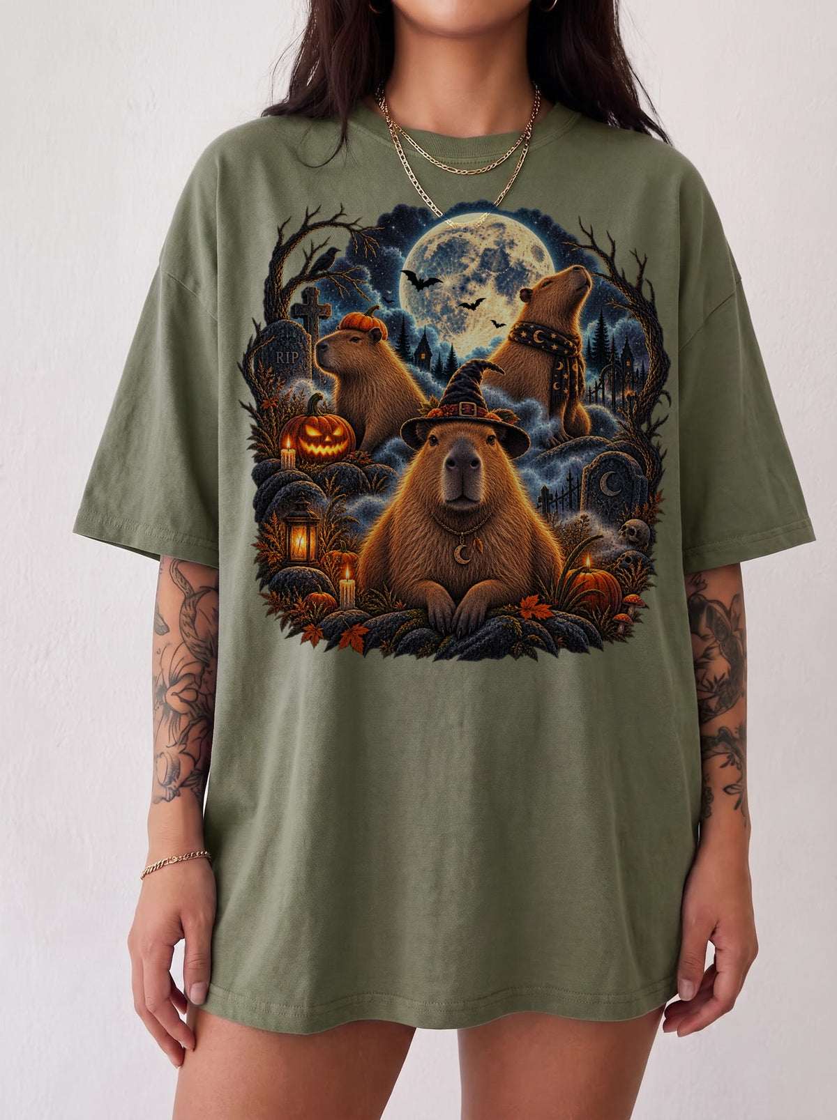 Moonlit Capybara Graveyard Halloween T-Shirt, Y2K Retro Animal Graphic Tee, 90s Spooky Streetwear, To The Moon