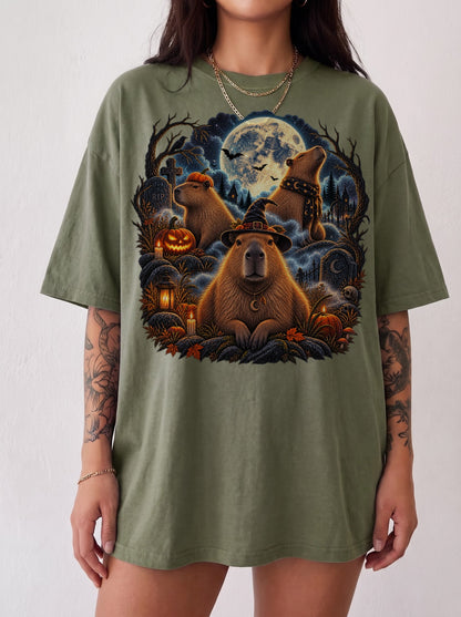 Moonlit Capybara Graveyard Halloween T-Shirt, Y2K Retro Animal Graphic Tee, 90s Spooky Streetwear, To The Moon
