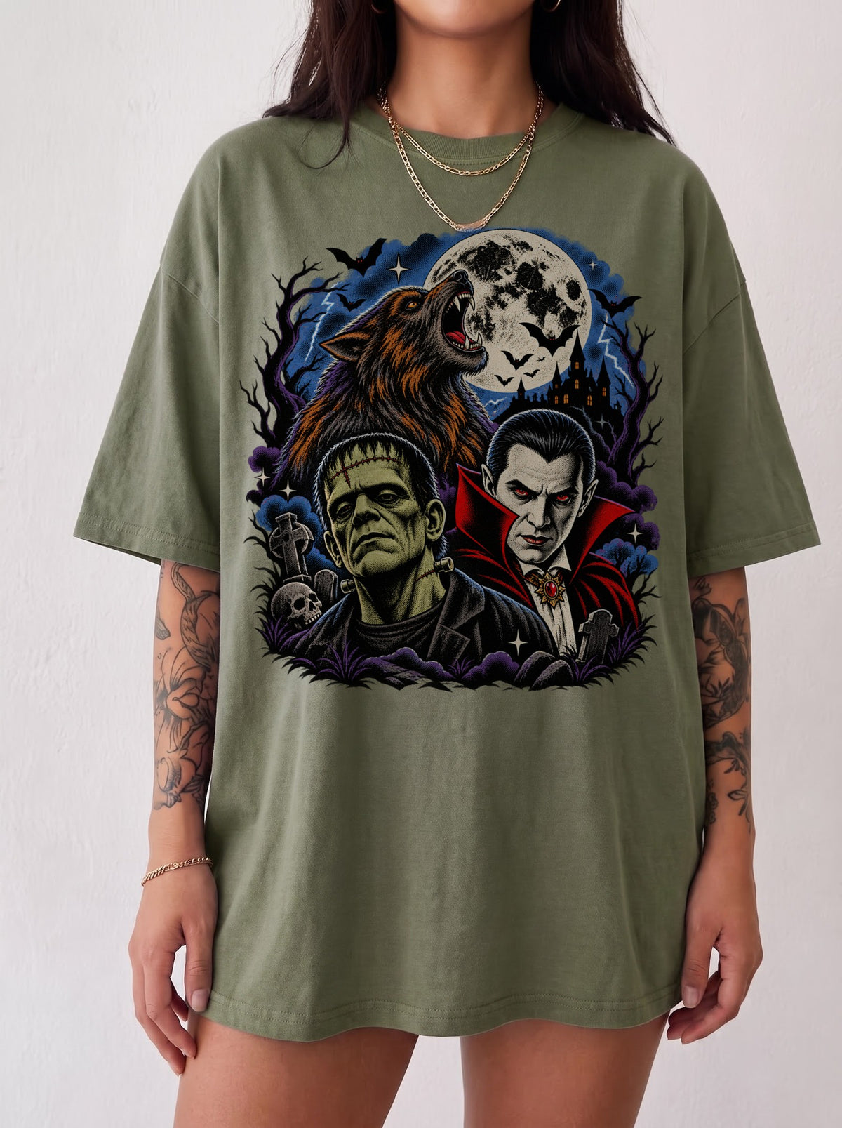Classic Monsters Trio Moon Halloween T-Shirt, Three Wolf Moon Parody, Y2K Retro Horror Outfit, Trendy Streetwear Graphic Tee