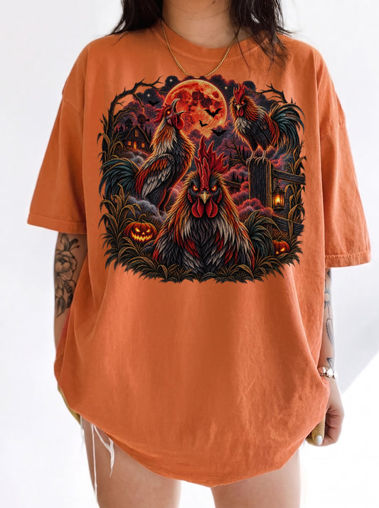 Demonic Roosters Blood Moon Halloween T-Shirt, Y2K Retro Horror Tee, 90s Gothic Streetwear, To The Moon