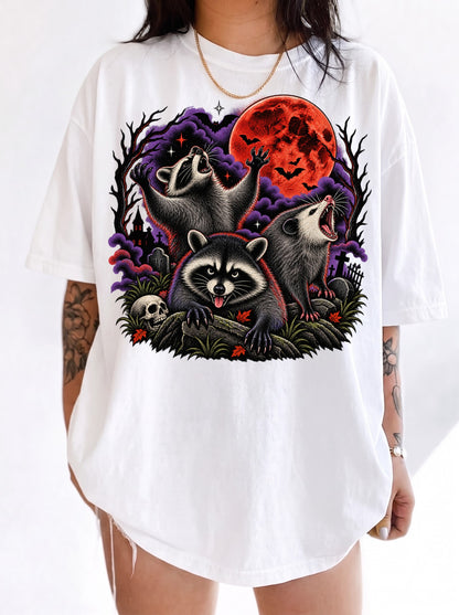 Three Raccoons Blood Moon Halloween T-Shirt, Three Wolf Moon Parody, Y2K Retro Outfit Aesthetic, Trendy Streetwear Graphic Tee
