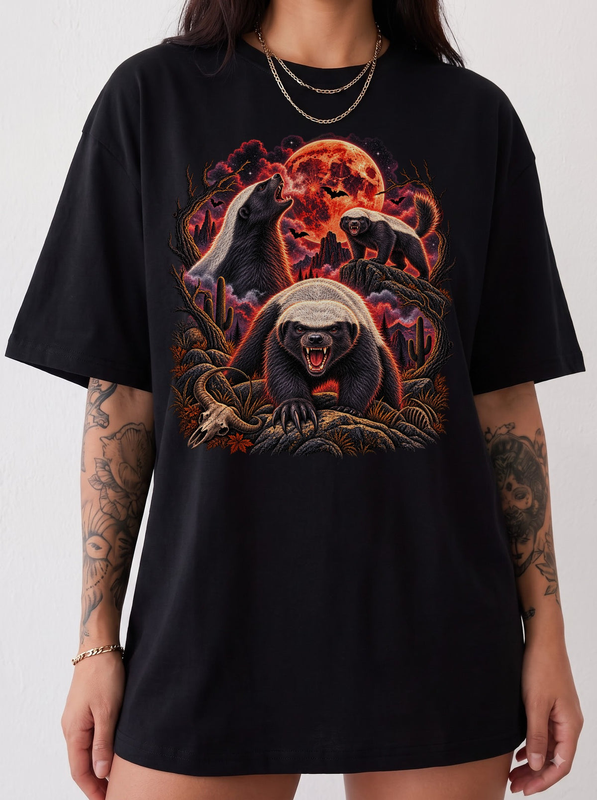 Blood Moon Honey Badger Trio Halloween T-Shirt, Y2K Retro Animal Graphic Tee, 90s Spooky Streetwear, To The Moon